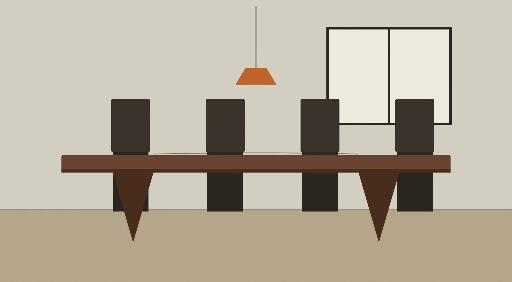 Illustration of a walnut dining table with four chairs in a calm room